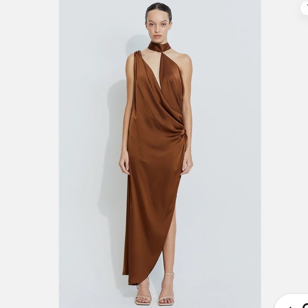 SIRAPOP Sara Satin Dress  - Asymmetric Neckline Side Drape - Glam Red Carpet 🤎